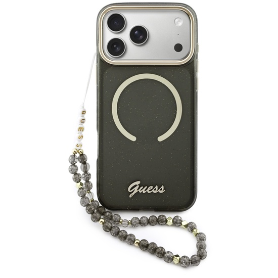 Guess Husa Glitters Script Strap MagSafe iPhone 17 Pro Max Negru