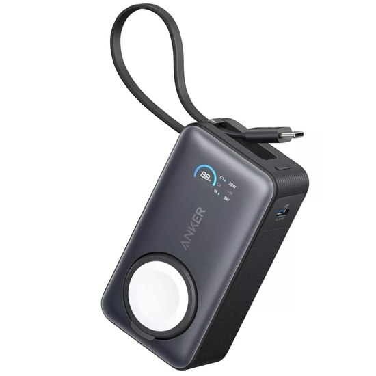Anker Acumulator extern 10.000 mAh, cu incarcare wireless de 5W pentru Apple Watch, MagGo, Ultra-Slim, Qi2 35W, 2 x USB-C, cablu USB-C incorporat, Negru
