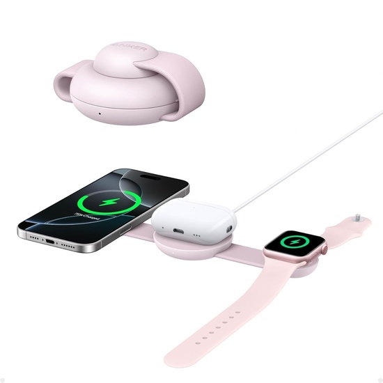 Anker Incarcator Wireless MagGo 3-in-1 MagSafe Qi2, 15W, pliabil, pentru iPhone 15/16, AirPods, Apple Watch, Roz