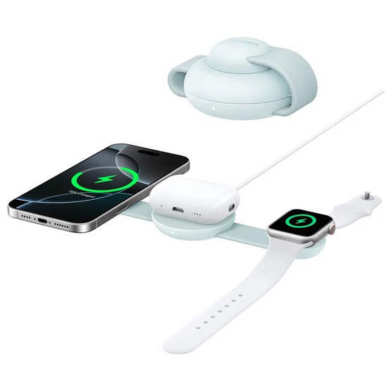 Anker Incarcator Wireless MagGo 3-in-1 MagSafe Qi2, 15W, pliabil, pentru iPhone 15/16, AirPods, Apple Watch, Verde