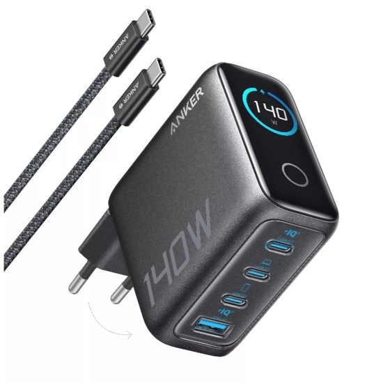 Anker Set Incarcator Retea Zolo Fast Charge 140W, Digital Display, 3x USB-C, 1x USB-A, PD 3.1, cablu USB-C inclus, Negru