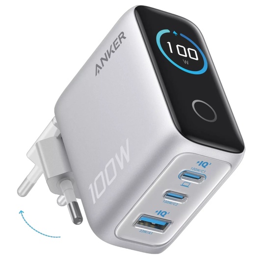 Anker Incarcator Retea Fast Charge 100W, 1 x USB-A, 2 x USB-C, Smart Display,  Argintiu