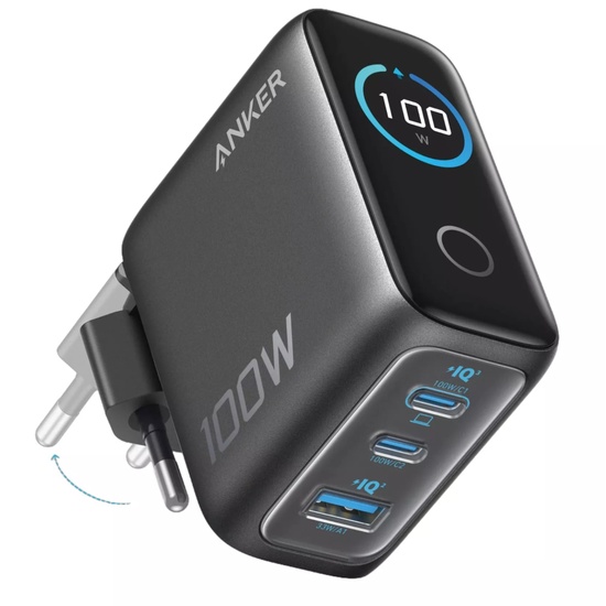 Anker Incarcator Retea Fast Charge 100W, 1 x USB-A, 2 x USB-C, Smart Display, Gri