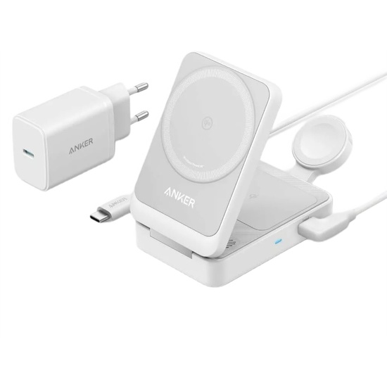 Anker Incarcator Wireless magnetic MagGo 3-in-1 MagSafe compatibil, 15W, Qi2, Pliabil, (incarcator si cablu USB-C inclus),Alb