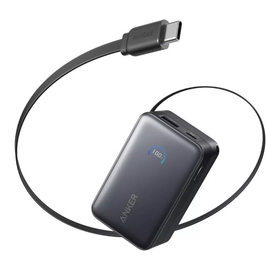 Anker Acumulator extern 10.000mAh, Nano 45W, QC+PD, 1 x USB-A, 1 x USB-C, cablu USB-C retractabil, Negru