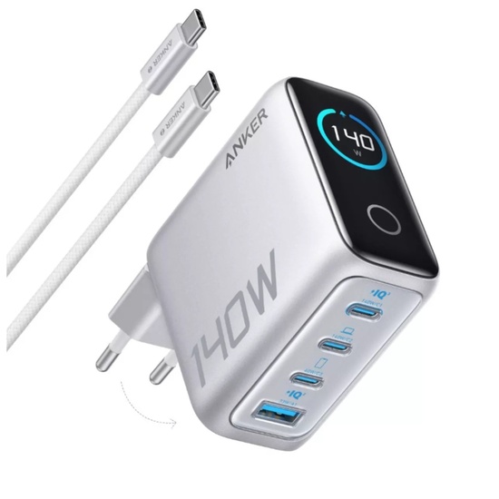 Anker Set Incarcator Retea Fast Charge 140W, Digial Display, 3x USB-C, 1x USB-A, PD 3.1, cablu USB-C inclus, Argintiu